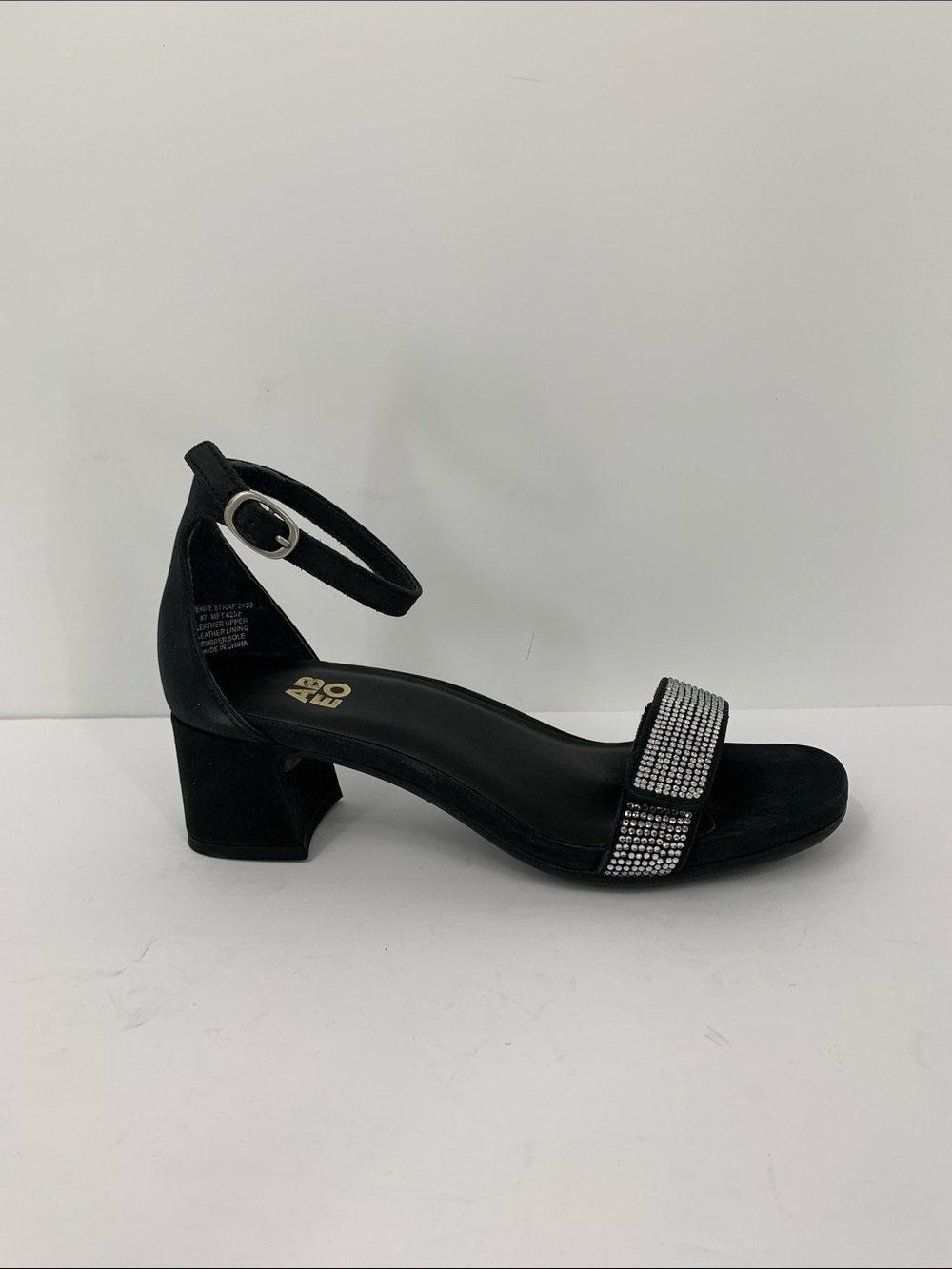 ABEO Avenue ankle strap sandal shoe black crystal leather block heel clear 7